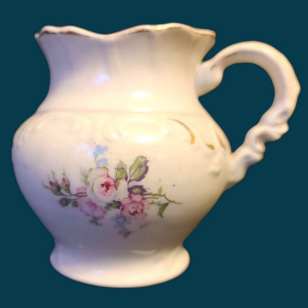 Etruria 1800's China Pitcher Creamer‎ Pink Floral Scalloped Gold Edges